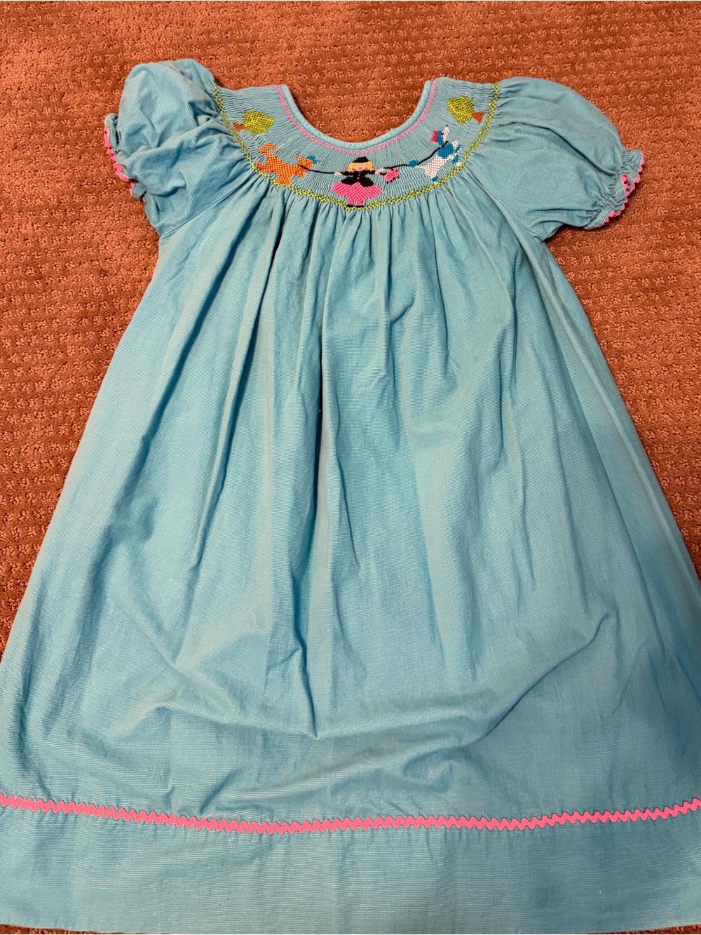 Light Blue Smocked Kids Dress with Pink Trim and Embroidery